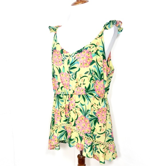 SOLD-Farm Rio Tropical Floral Ruffled Embroidered Peplum Yellow Pink Sleeveless - Picture 7 of 14